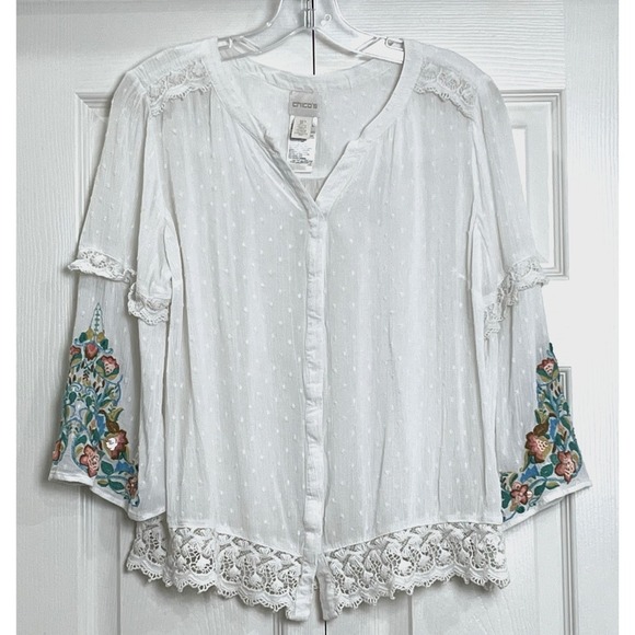 Chico's Tops - Chico's Women's Lace Trim Blouse 1P/US 8P Ivory Swiss Dot‎ Embroidered Boho-Chic